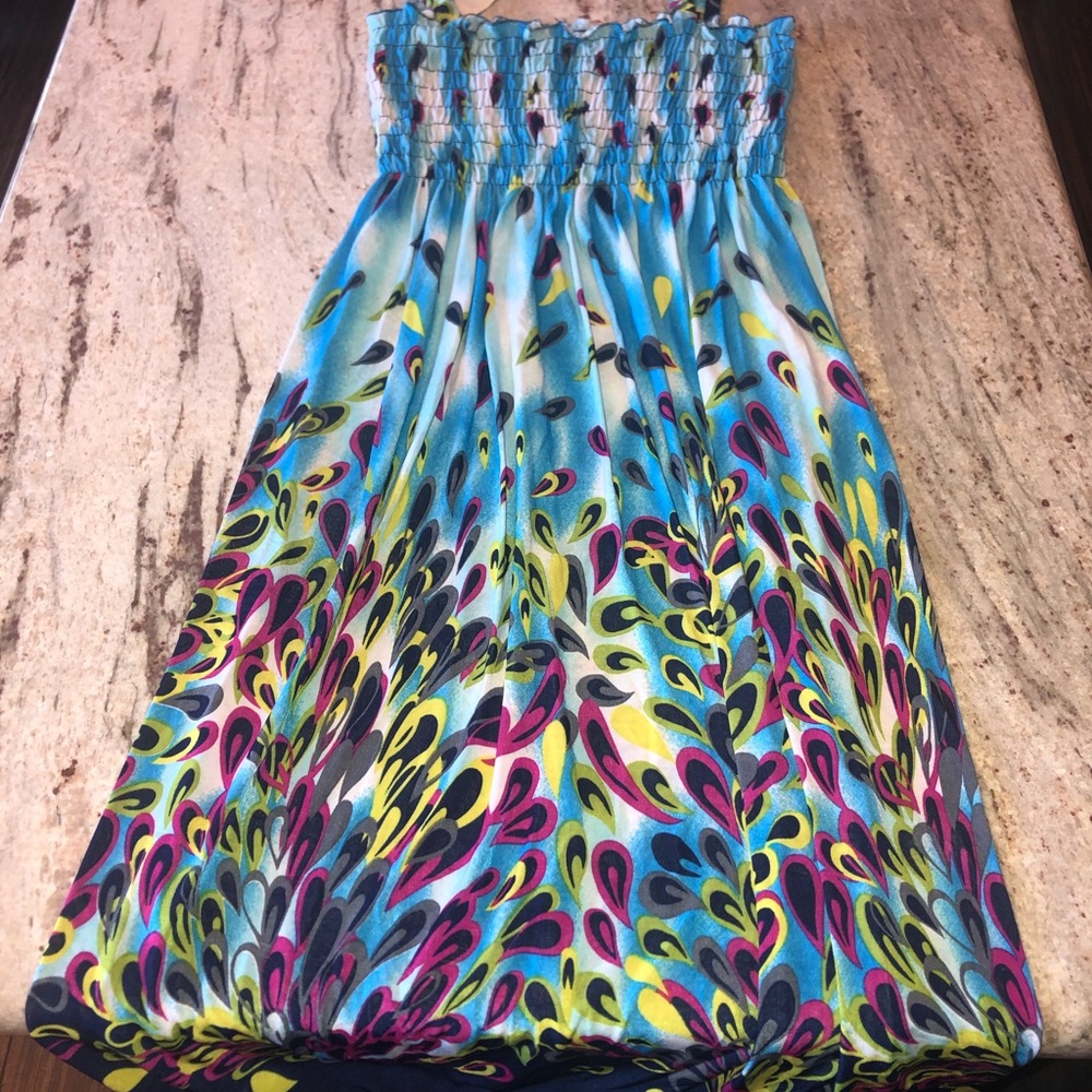 Smocked Strapless Blue Multi-Color Printed Sundress